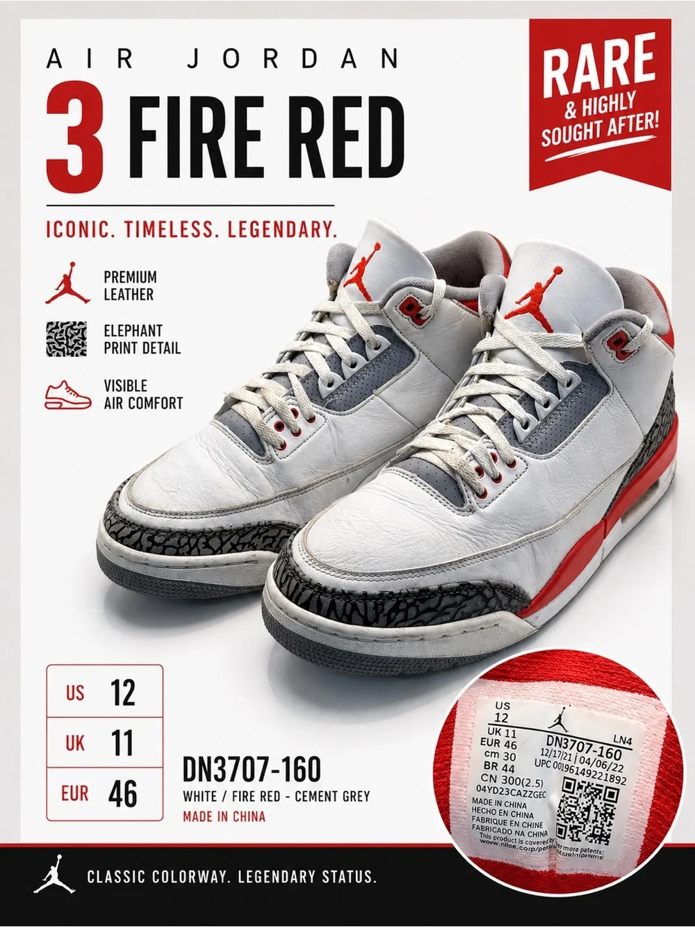 Nike Air Jordan 3 Retro Fire Red 2022 Men’s Size 12 White Cement DN3707-160